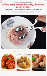 Detail of stainless steel meatball maker scoop with scissors handle and kitchen scene