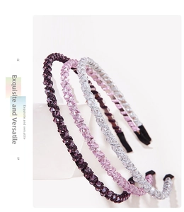 Detailed view of four handmade beaded crystal headbands in assorted pastel colors