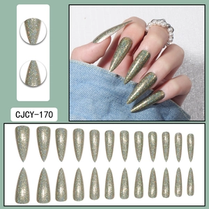 Detailed view of silver green laser glitter long stiletto press-on nails with 24 pieces