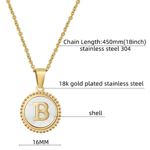 Detail of 18k gold plated stainless steel letter B necklace with shell inlay pendant