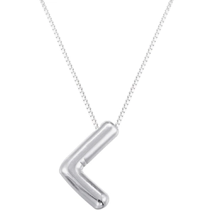 Macro detail of glossy silver puffed alphabet L pendant on a fine box chain necklace