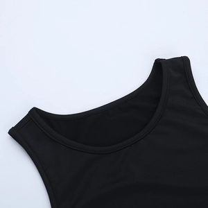 Detail shot of black sleeveless mini dress neckline with premium smooth satin texture