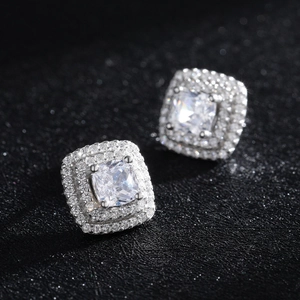 Luxury S925 sterling silver square stud earrings with shimmering pave set cubic zirconia