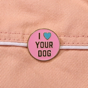 Cartoon Pink Round Alloy Enamel Brooch Pin With I Love Your Dog Text For Backpack Clothes Decoration Fashion Jewelry Gift