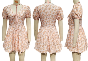 Detailansicht eines Blumen-Minikleides mit Puffärmeln und Taillenband aus drei Winkeln
