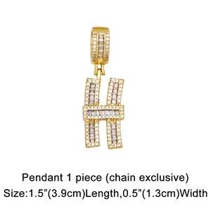 Detailed size specifications for the gold-plated letter H pendant with clear cubic zirconia