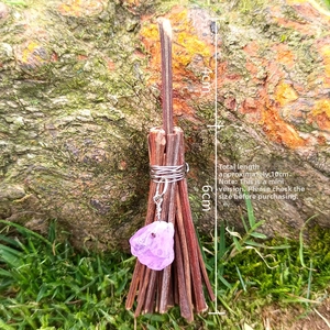 Detailed view of handmade mini witch broom with amethyst stone, total length 10cm