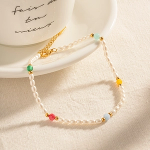 18K gold plated stainless steel anklet with natural pearls and colorful gemstones