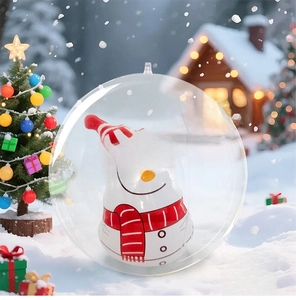 Detailed view of inflatable Christmas ball with snowman figurine in snowy night scene