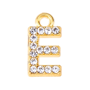 Close-up of a gold letter E pendant featuring sparkling crystal pavé and top jump ring