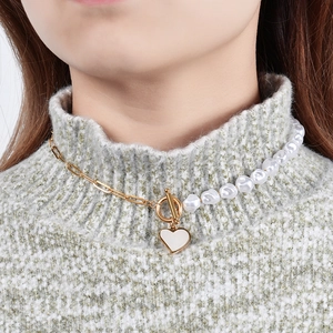 Half paperclip chain and pearl necklace with heart pendant and OT toggle clasp