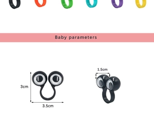 Detailed view showing dimensions of colorful plastic googly eye rings for party favors