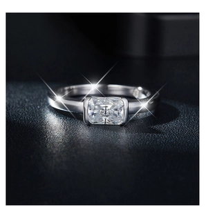Macro shot of a radiant cut rectangular moissanite set in a S925 sterling silver ring
