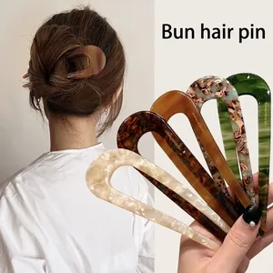 Pic à Cheveux en Forme de U Style Chinois Vintage en Acrylique Motif Marbre Outil de Fixation de Chignon Moderne Simple pour Femmes