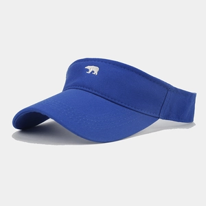 Side view of a breathable blue sun visor with white crawling bear embroidery detail