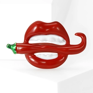 Chic red lips and chili enamel brooch pin with polished metal finish on white background
