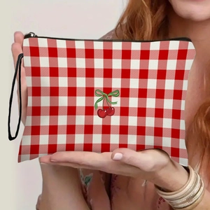Borsa per cosmetici a quadretti rossi con motivo a ciliegia e cinturino da polso nero