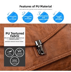 Close-up of brown PU leather bag showing waterproof texture and metallic twist lock