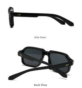 Side and back view of retro black square sunglasses with gold floral rivets detail