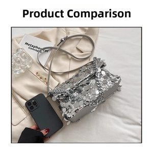 Detailed top view of silver sequin evening bag with metal chain and PU strap on white fabric