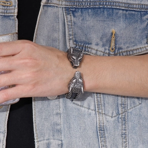 Men's stainless steel wolf head cuff bracelet with braided wire in retro silver finish