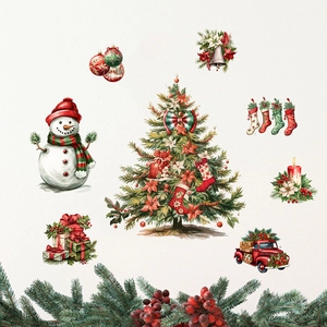 Detailed Christmas stickers set featuring festive trees, snowmen, and red trucks on beige