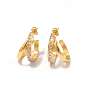 Elegant gold-plated double hoop earrings featuring pavé rectangular cubic zirconia stones