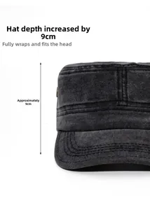 Detail view of washed cotton army cap showing the 9cm deep crown design for better fit