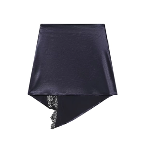 Elegant black satin mini skirt with asymmetrical lace trim and glossy texture