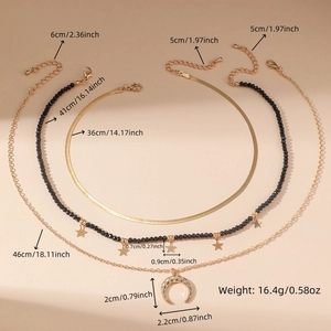 Detailed layered necklace dimensions featuring gold snake chain and star moon pendants