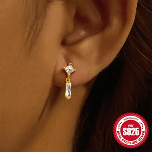 S925 sterling silver gold earrings with square and rectangular sparkling opal stones