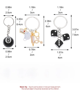 Detailed dimension guide for resin billiards 8-ball, nurse kit, and dice keychains