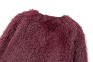 Close-up of deep burgundy faux fur jacket collar showing plush texture and high-quality fibers