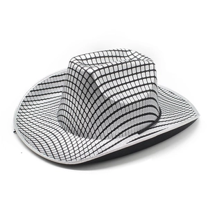Silver and black checkered disco cowboy hat with a metallic reflective finish on white background