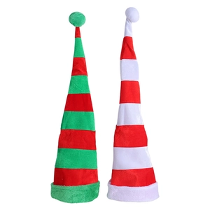 Striped velvet Christmas elf hats in red, green and white with plush pom poms