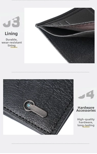 Detailed macro view of black leather wallet with durable lining and vintage hardware accent