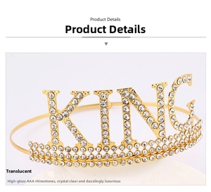 Détail de la couronne dorée KING ornée de strass AAA de haute qualité pour hommes