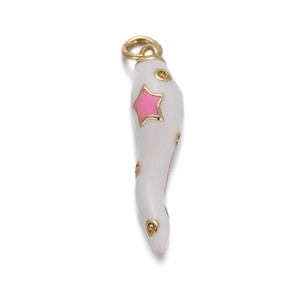 Close-up of white enamel horn charm with gold dots and pink star for DIY jewelry