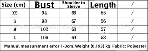 Size chart for casual layered shirt detailing bust, sleeve and length in centimeters