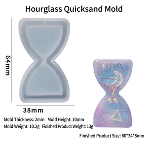 Detailed view of hourglass silicone mold dimensions and finished purple glitter DIY keychain