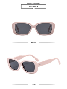 Detailed front and side view of pink rectangular sunglasses with chic diamond studs