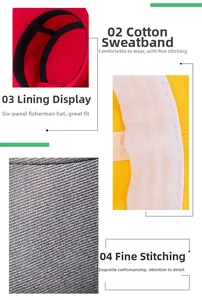 Detail of cotton sweatband and fine stitching on a six-panel bucket hat structure
