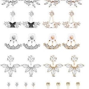 12-piece mixed ear jacket and stud set with lotus flower and butterfly designs