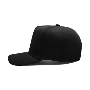 Structured black cotton baseball cap for men and women with curved brim on white background