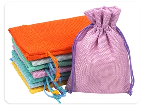 Colorful linen drawstring bags showing diverse textures and vibrant storage pouch colors