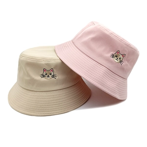 Cute Cartoon Cat Embroidery Bucket Hat Breathable Sun Protection Outdoor Casual Vintage Fisherman Cap For Men Women