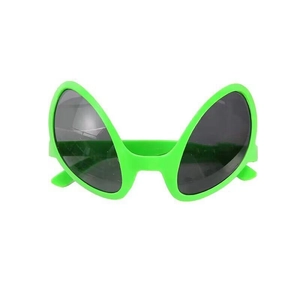 Close-up of alien-style sunglasses with green neon frames and dark lenses for party