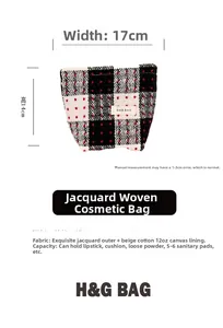 Detail of plaid cosmetic bag measuring 17x14cm with jacquard fabric and cotton lining