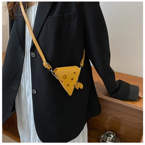 Detailed view of yellow cheese-shaped mini crossbody bag with matching shoulder strap
