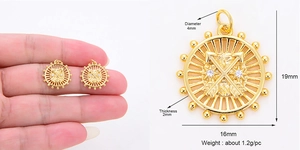 Detailed view of a 16mm gold celestial charm pendant with dimension specifications